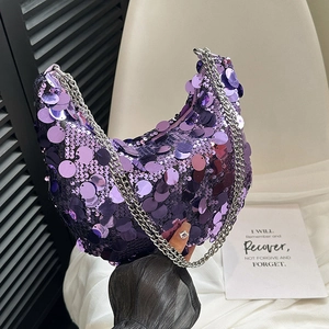 Chic purple sequin hobo bag with silver chain strap for women party shoulder style
