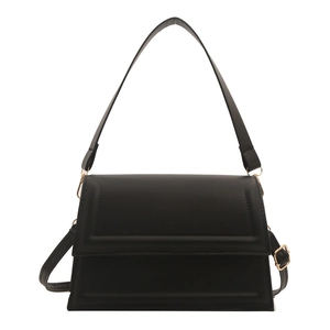 Minimalist black PU leather flap crossbody bag with geometric embossed design and wide strap