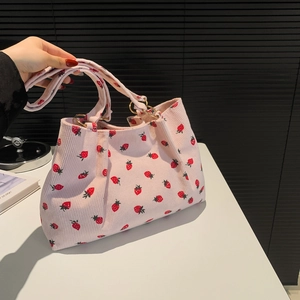 Women's Cute Strawberry Print Corduroy Tote Bag Large Capacity Casual Shoulder Handbag With Metal Ring For Daily Shopping