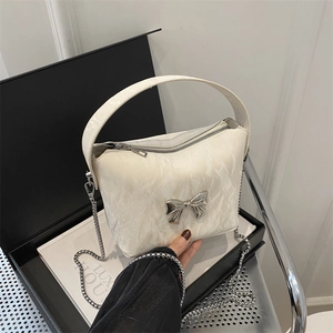 Women Fashion Pleated PU Leather Mini Bucket Bag Metal Bow Decoration Chain Shoulder Crossbody Handbag For Ladies Party