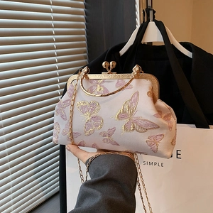 Bolso bandolera retro bordado con jacquard de mariposas moradas y cadena dorada