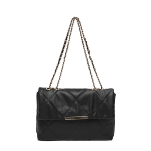 Elegante borsa trapuntata nera con tracolla a catena dorata e dettagli in metallo
