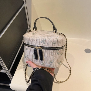 Vintage straw box bag with floral embroidery and gold-tone chain strap for women