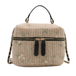 Straw woven box bag with floral embroidery and chain strap for women, main front view