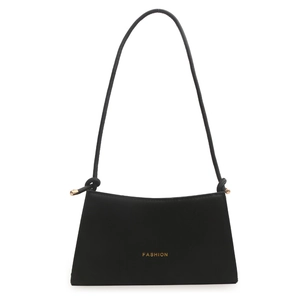 Borsa a spalla minimalista nera opaca con scritta FASHION dorata e spallacci annodati