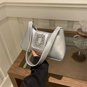 Silver underarm shoulder bag with luxury sparkling crystal buckle and metallic finish