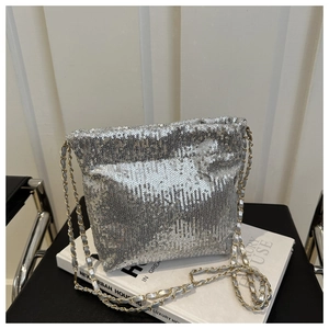 Silver sequin crossbody bag with gold chain strap placed on decorative books