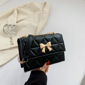 Fashion Women Quilted Bowknot Chain Bag Small PU Leather Square Shoulder Bag Crossbody Messenger Bag With Gold Bow Buckle