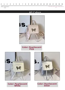 Detailed comparison of mini leather backpacks in pearl pink, white, and silver finishes