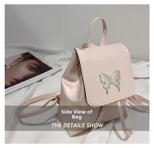 Side view of the pink butterfly backpack showing fine PU leather and thin straps