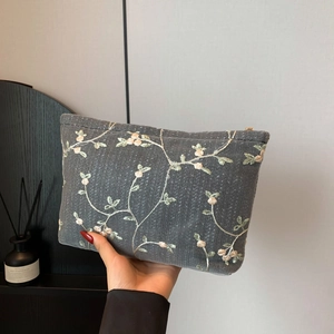 New Chinese style grey hand-held bag with floral embroidery and high capacity texture