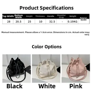 Size chart showing bucket bag dimensions and three colors: black, white, and pink