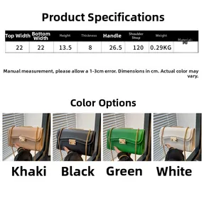 Size chart showing 22x13.5x8cm PU leather chain bag in four colors with gold buckle