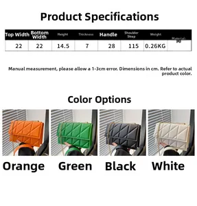 Specifications and size chart for quilted chain crossbody bags in four chic colors