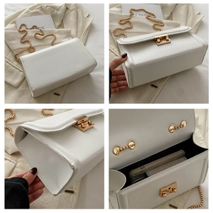 Vues détaillées du sac blanc rectangulaire avec chaîne à boules dorées et boucle