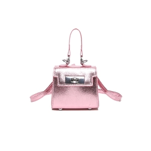 Mini metallic pink trapezoid handbag with silver twist lock and crossbody strap