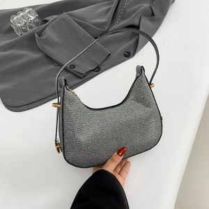 Sparkly silver sequin crescent moon handbag with elegant leather handle for women