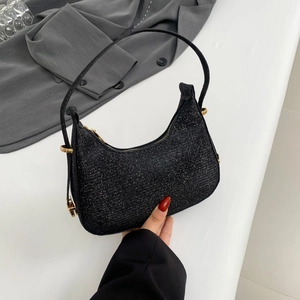 Sparkly black sequined hobo bag for women with gold hardware and crescent shape design
