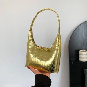 Sac hobo doré à motif crocodile fini métallique avec fermeture éclair et anse courte