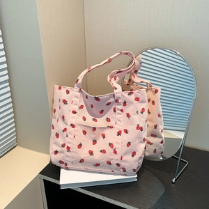 Borsa Tote da Donna in Tela con Stampa a Fragola Dolce Velluto a Coste Grande Capacità Borsa a Spalla Casual Shopping