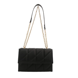 Quilted black chain shoulder bag with geometric stitching and gold hardware on white background