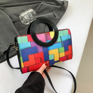 Sac Bandoulière Femme en Cuir PU Style Tetris Géométrique Multicolore Avec Poignée Ronde Sac à Main Mode Streetwear