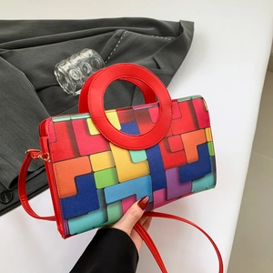 Sac à main minimaliste grande capacité avec motifs blocs colorés et poignée ronde rouge