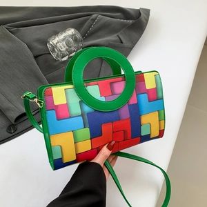 Sac à main en cuir à patchwork géométrique coloré avec anses rondes vertes