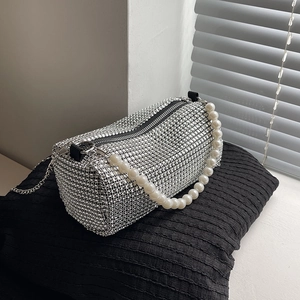 Women Fashion Rhinestone Pillow Crossbody Bag Luxury Pearl Chain Handbag Party Evening Bag Solid Color Small Square Bag