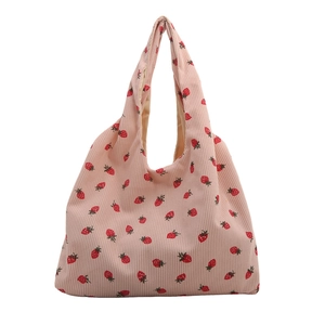 Sac cabas en velours côtelé rose avec fraises, grand sac à épaule pour l'école