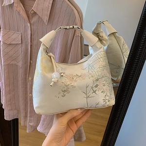 New Chinese Style Floral Embroidery Satin Handbag For Women Vintage Landscape Underarm Shoulder Bag With Beaded Tassel