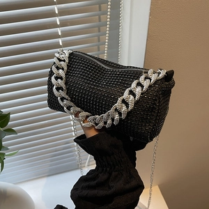 Sparkling black rhinestone crossbody bag with chunky silver chain handle and chain strap