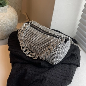 Sparkling silver rhinestone cylinder handbag with metallic chain and luxury finish
