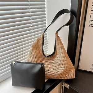 Straw hobo tote bag with black shoulder strap and matching PU zipper pouch set