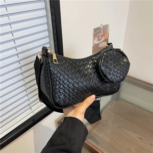 Sac Sous le Bras en Cuir PU Tissé Femmes Deux-en-un Avec Petit Porte-monnaie Rond Mode Grille Rhombique Sac Baguette Large Bandoulière