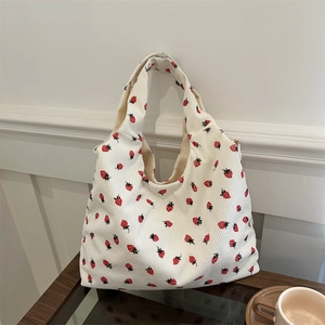 Sac Fourre-Tout Casual pour Femme en Velours Côtelé Imprimé Fraise Grande Capacité Sac à Épaule Style Japonais Cabas