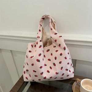 Sac fourre-tout en velours côtelé rose avec motif fraises et grande capacité