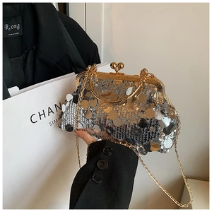 Détail d'un sac de soirée à paillettes argentées avec fermoir doré et bandoulière