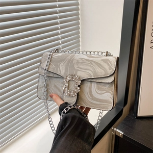 Women Marble Pattern PU Leather Shoulder Bag Rhinestone Square Buckle Chain Crossbody Bag Elegant Fashion Daily Party Purse