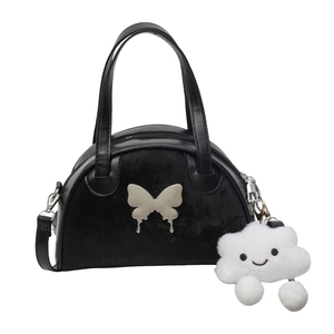 Minimalistische schwarze Muschel-Handtasche mit Schmetterlings-Emblem und Plüschanhänger
