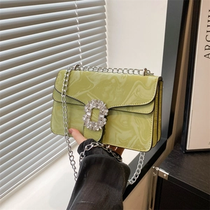 Light green marbled patent leather shoulder bag with rhinestone buckle and silver chain