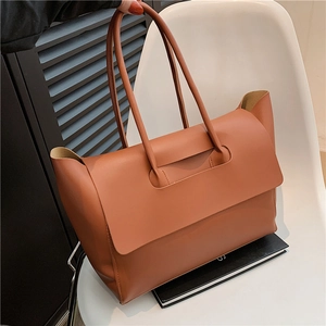 Minimalist brown matte leather large tote bag with unique flap handle for women