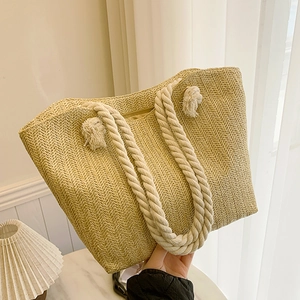 Sac Fourre-tout Tissé en Paille d'Été pour Femmes Grande Capacité avec Poignée en Corde pour Plage Vacances Quotidien Décontracté