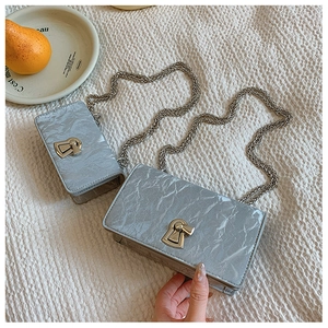 Detail of silver crinkled texture chain bags with metallic finish and vintage gold clasps