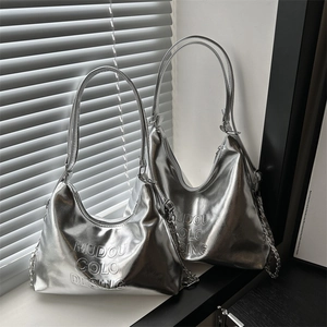 Silver metallic Hobo tote bag with embossed lettering and stylish chain shoulder strap