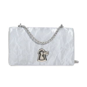 Silver pleated chain crossbody bag with metallic texture and keyhole lock detail
