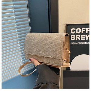Detailaufnahme der champagnerfarbenen Pailletten-Abendtasche mit Metallverschluss