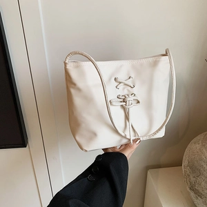 Women Ballet Style PU Leather Shoulder Bag Sweet Bow Lace Up Metallic Texture Niche Design Tote Bucket Bag Daily Fashion Handbag