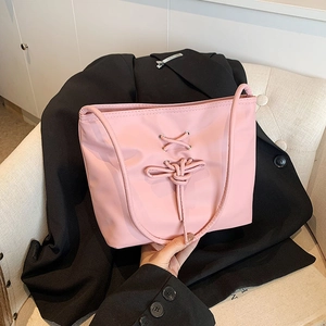 Pink ballet-style nylon tote bag with decorative ribbons and bow knots for women