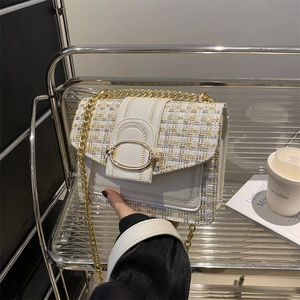Elegante witte tweed crossbodytas met gouden ketting en metalen gesp detail
